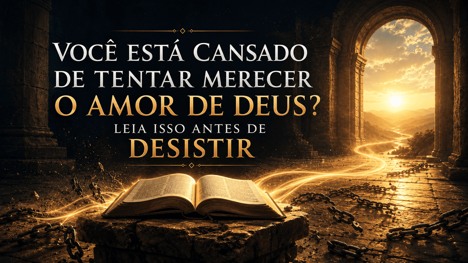 Bíblia aberta sobre uma pedra com correntes quebradas ao redor, iluminada por uma luz dourada que entra por um arco de pedra ao fundo, representando a libertação e a graça de Deus para quem está espiritualmente cansado