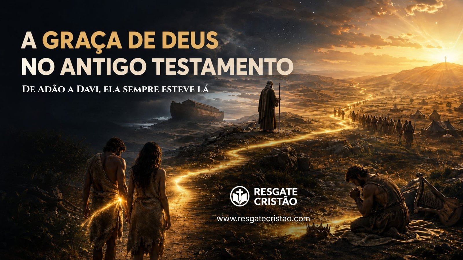 Cenas do Antigo Testamento ligadas por um caminho dourado de graça que conduz à cruz no horizonte.